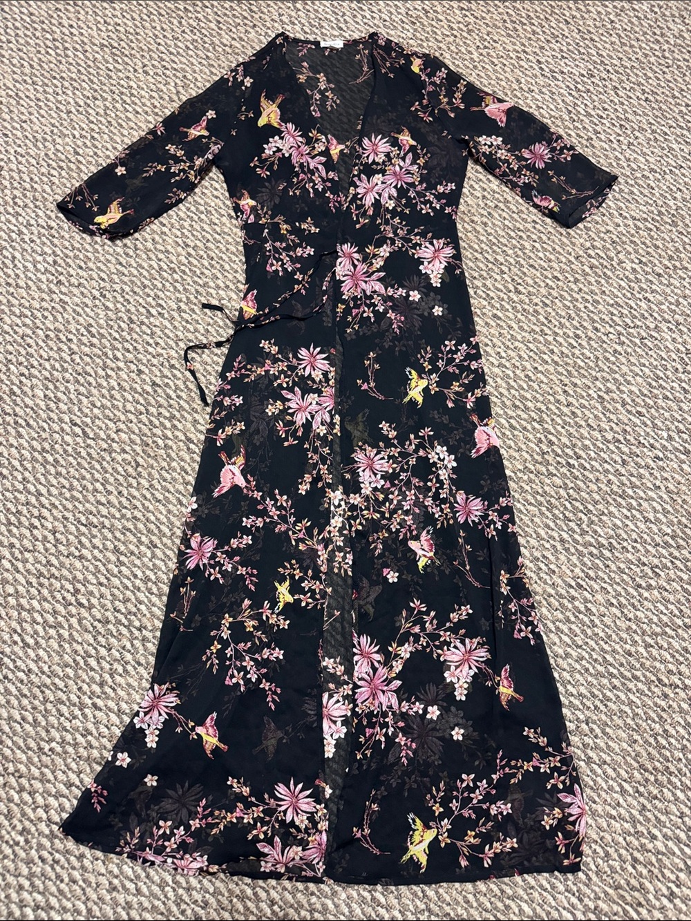 love, Fire Black Maxi Wrap Cover Up with Pink Floral & Yellow Bird Motif